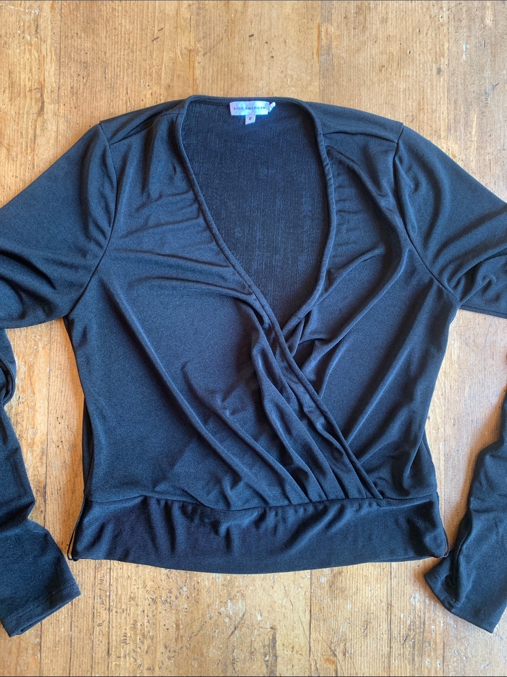 Good American Black Wrap-Style Long Sleeve Top